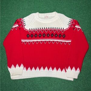 Vintage 50s 60s Acrylic Sweater, Grandpa Festive Red White Hand Embroidered (L)